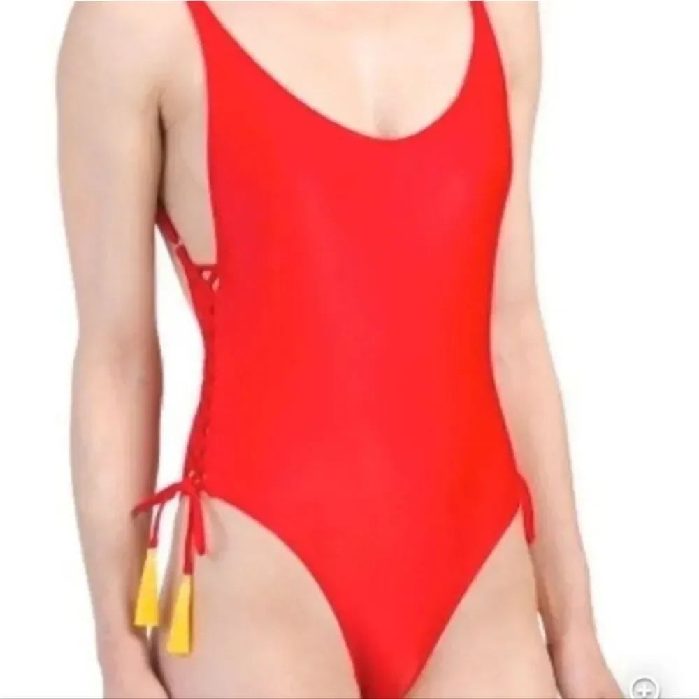 RED WOMEN"S TASSEL SIDE ONE PIECE SWIMSUITS